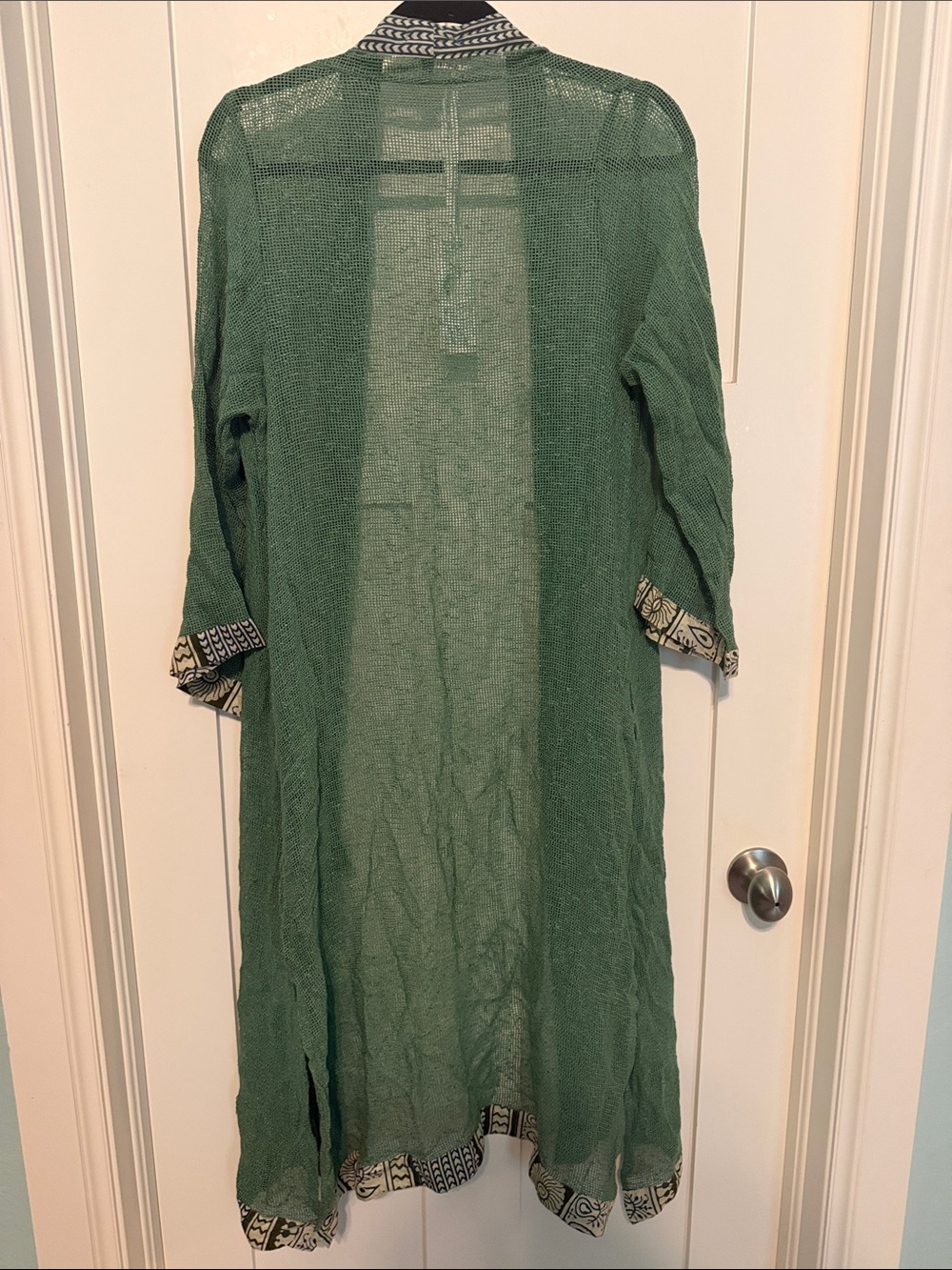 Karma Highway Loose Knit Green Open-Front Swim Coverup Kimono with Printed Trim - Picture 7 of 13